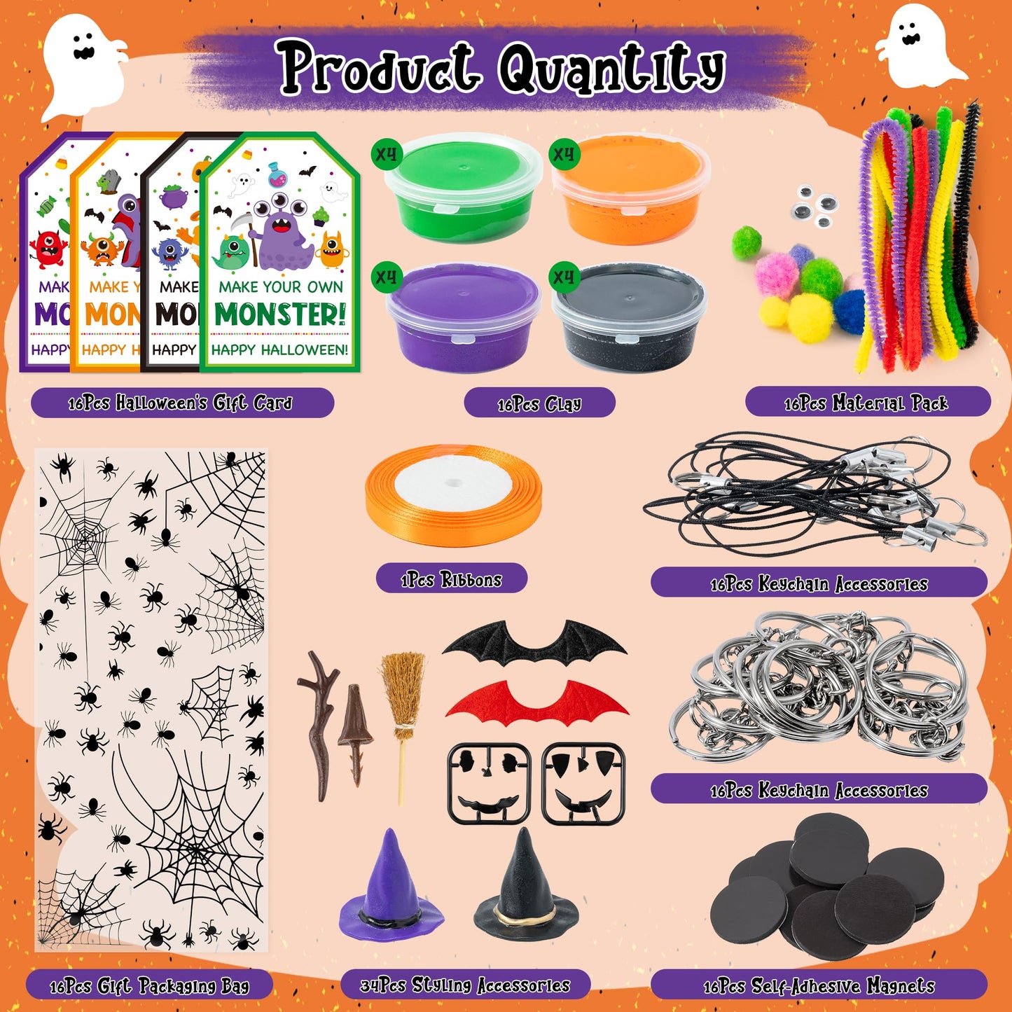 Haooryx Halloween Air Dry Clay Craft Kit - 16 Packs Cute Monster Pumpkin DIY Magnet Keychain Ornament Art Craft Bulk with Gift Bag for Classroom Exchange Gift Student Reward Halloween Party Favors