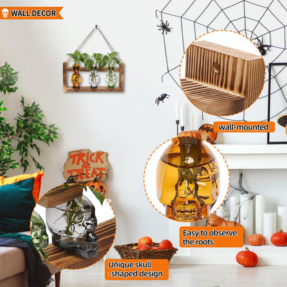 Plant Terrarium Propagation Stations Hydroponics Halloween Skull Planter Vase Skulls Decor with Wooden Stand Gift for Father