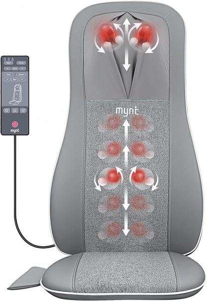 Mynt Shiatsu Neck and Back Massager with Heat, 3D Kneading Full Back Massager for Pain Relief Deep Tissue, Foldable Adjustable Chair Massager for Home Office, Christmas Gift for Dad Mom, Gray