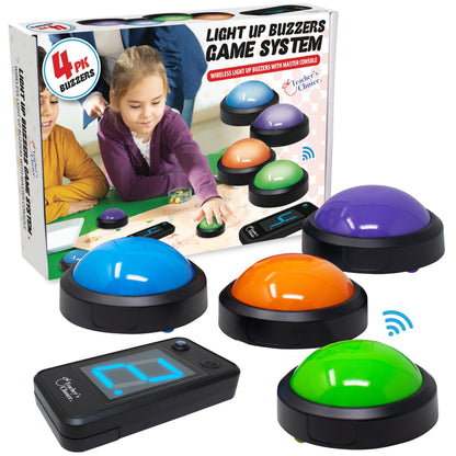 Teacher's Choice Wireless Light Up 4 Player Game Buzzer Button System | Displays the Winning Player | Loud, Unique Sounds, Great for Trivia Games, Family Feud, Jeopardy, Competition, Spelling Bees