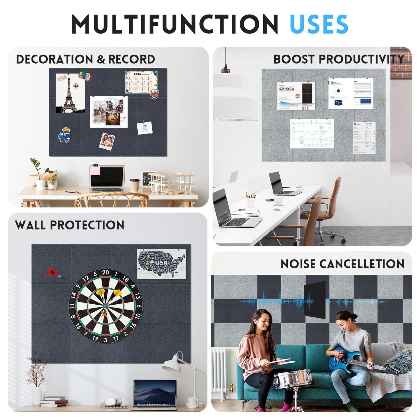 Large Cork Bulletin Board for Wall 48"x36", 12 Pack Felt Wall Tiles with 80 Pushpins, 60 Safe Removable Adhesive Tabs, Decorative Pin Board Tack Board for Office Home School, Dark Gray
