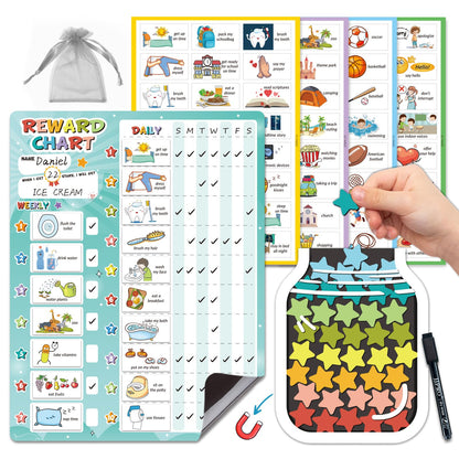 JJPRO Magnetic Reward Chart for Kids with Reward Jar- Behavior Reward Chart System, Toddlers Daily Routine,Weekly Chore Chart,96 Reusable Stickers& 45 Star Tokens to Motivate Responsibility-Blue