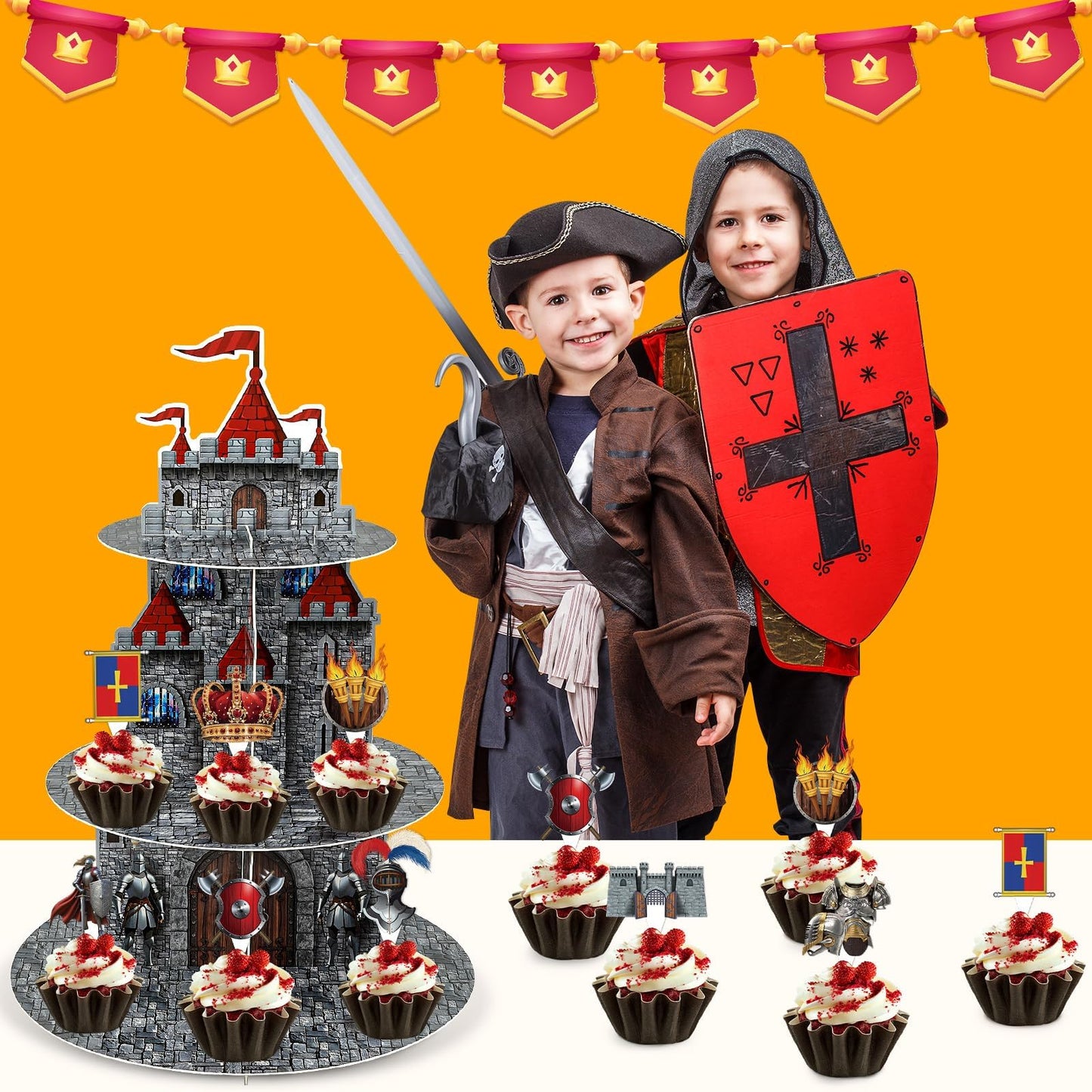3 Tier Medieval Castle Cupcake Stand Decor with 24 Cake Toppers Knight Birthday Party Decorations Medieval Theme Dessert Cardboard Stand Tower Castle Cupcake Holder for Boys Baby Shower Supplies