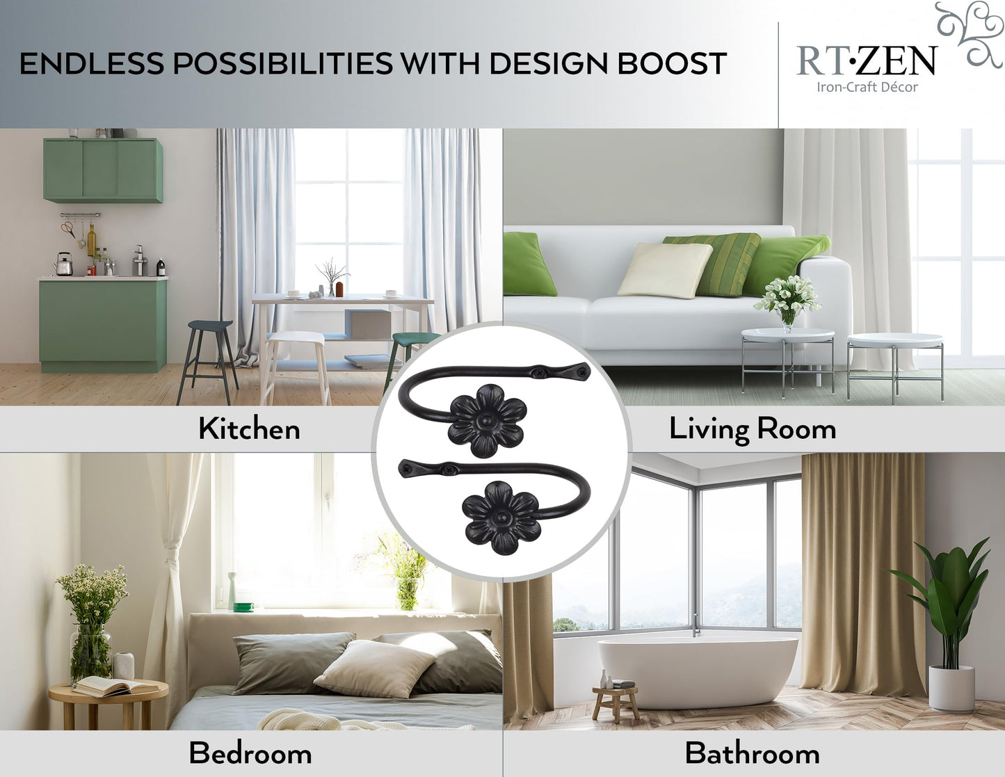 RTZEN Decorative Metal Curtain Tiebacks - Farmhouse Wrought Iron Curtain Holdbacks - Drapery Holders for Wall - Unique Metal Tie Backs for Curtains - 2 Pcs (Black Flower)