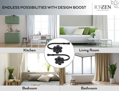 RTZEN Decorative Metal Curtain Tiebacks - Farmhouse Wrought Iron Curtain Holdbacks - Drapery Holders for Wall - Unique Metal Tie Backs for Curtains - 2 Pcs (Black Flower)