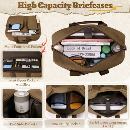 Mens Laptop Messenger Bag 15.6 Inch Canvas Briefcase Waterproof Vintage Computer Bag Shoulder Bag Satchel Bags for Work College Travel