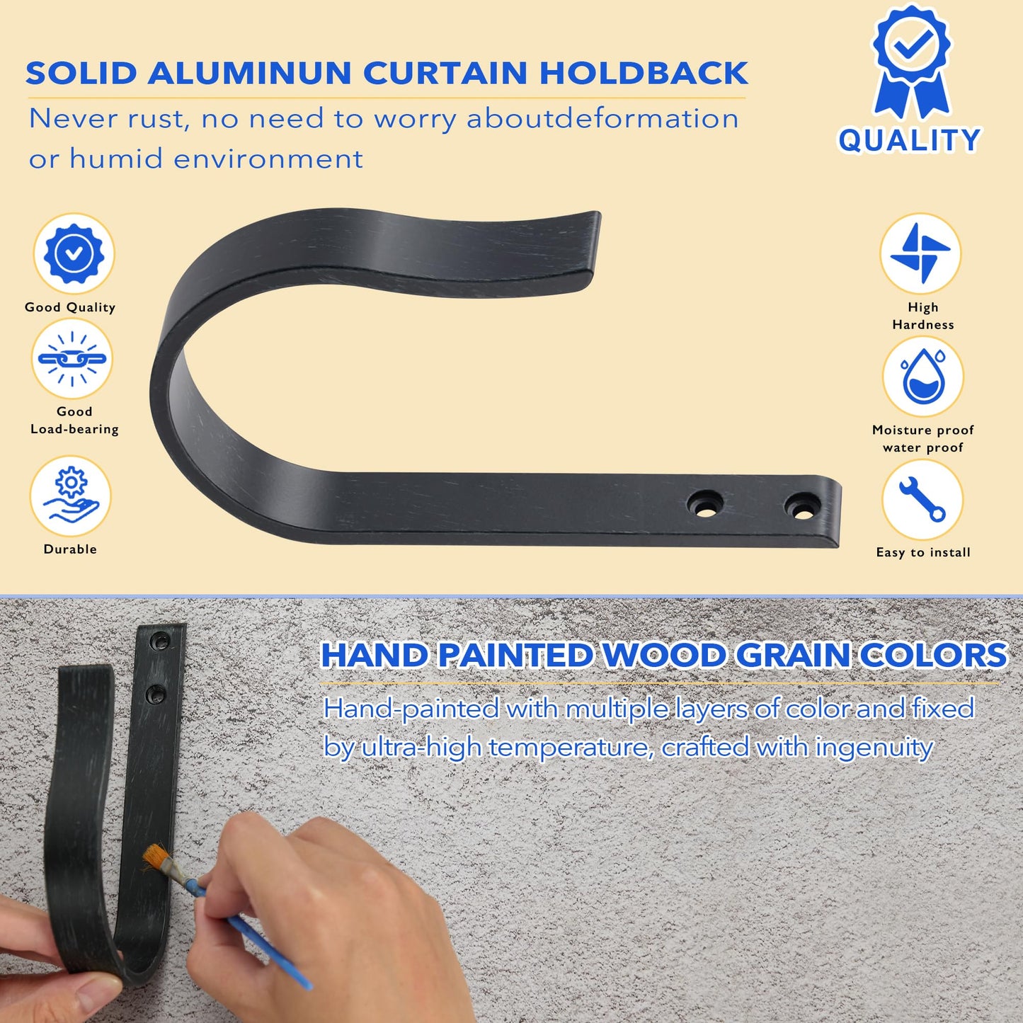 Mayrhyme Black Wood Grain Curtain Holdbacks,Solid Aluminum Wall Mounted Curtain Tiebacks & Hooks,U Shape Curtain Holders,Elegant Curtain Pull Backs for Drapes, Curtains(2 Pack)