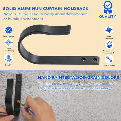 Mayrhyme Black Wood Grain Curtain Holdbacks,Solid Aluminum Wall Mounted Curtain Tiebacks & Hooks,U Shape Curtain Holders,Elegant Curtain Pull Backs for Drapes, Curtains(2 Pack)