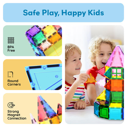 PicassoTiles 101 PCs Magnetic Tiles Building Blocks with Car & Drawstring Carry Bag Toy Storage Magnet Block for Toddlers Kids STEM Toy Set Educational Tile Learning Brain Development Ages 3+ PC101