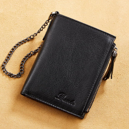 Wallet with Chain for Men Women Genuine Leather RFID Blocking Bi-Fold Wallet with Chain, Zip Coin Pocket, Credit Card Holder, Transparent ID Window for Driver License Biker Punk Hip Hop Style (Black)