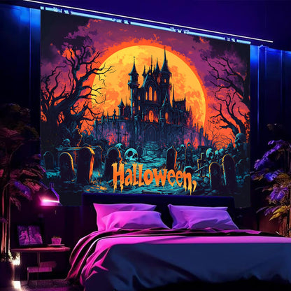 BSFHH Black Light Tapestry – UV Reactive Glow in the Dark Wall Hanging, Spooky Night Scene with Ghosts & Pumpkins, Haunting Home Decor for Parties, Bedroom, or Dorm (GHOST TOWN, 90L x 70W, Unframed)