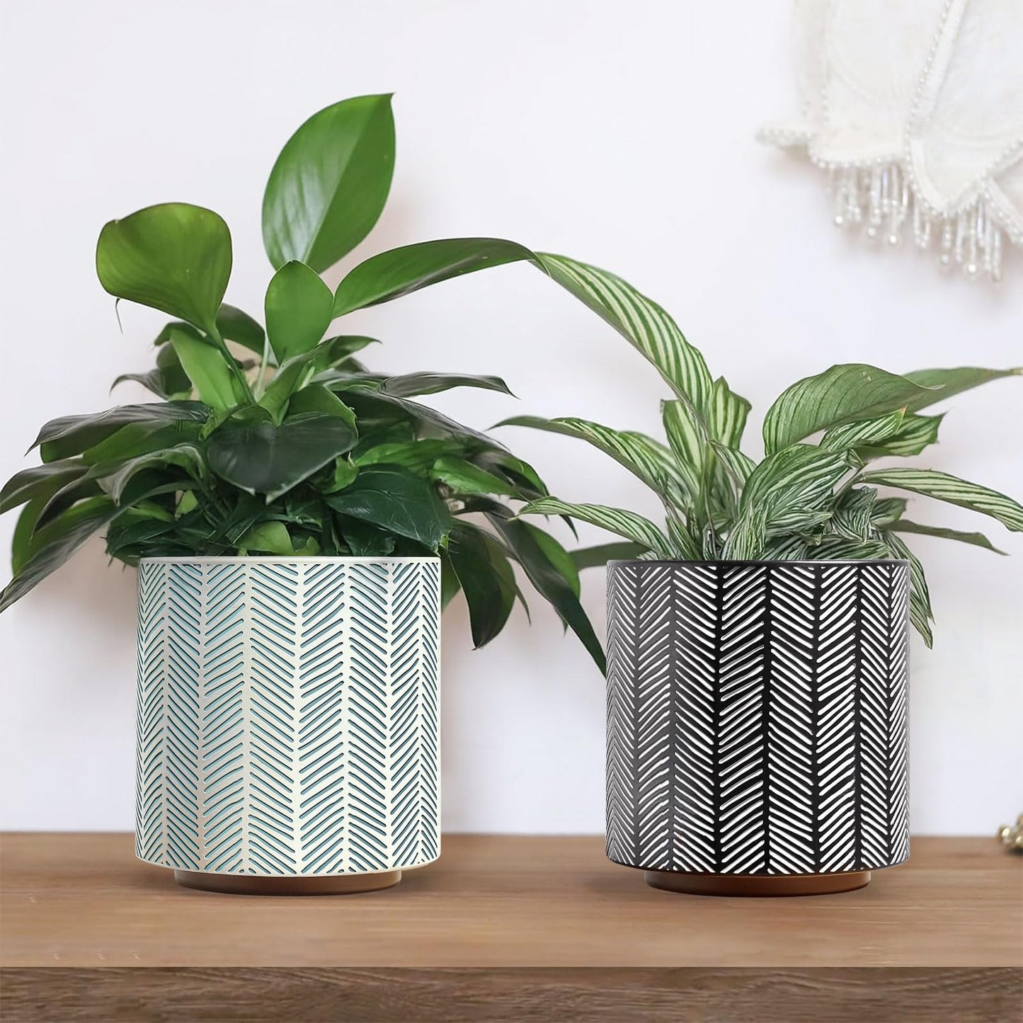 GUGUGO Slash Line Plant Pots, Boho Modern Geometric Planters Pots for Indoor Plants, Cute Unique Flower Pot with Drainage, Eclectic Colorful Small Succulent Planter Funky Gardening Pot Gifts, Green