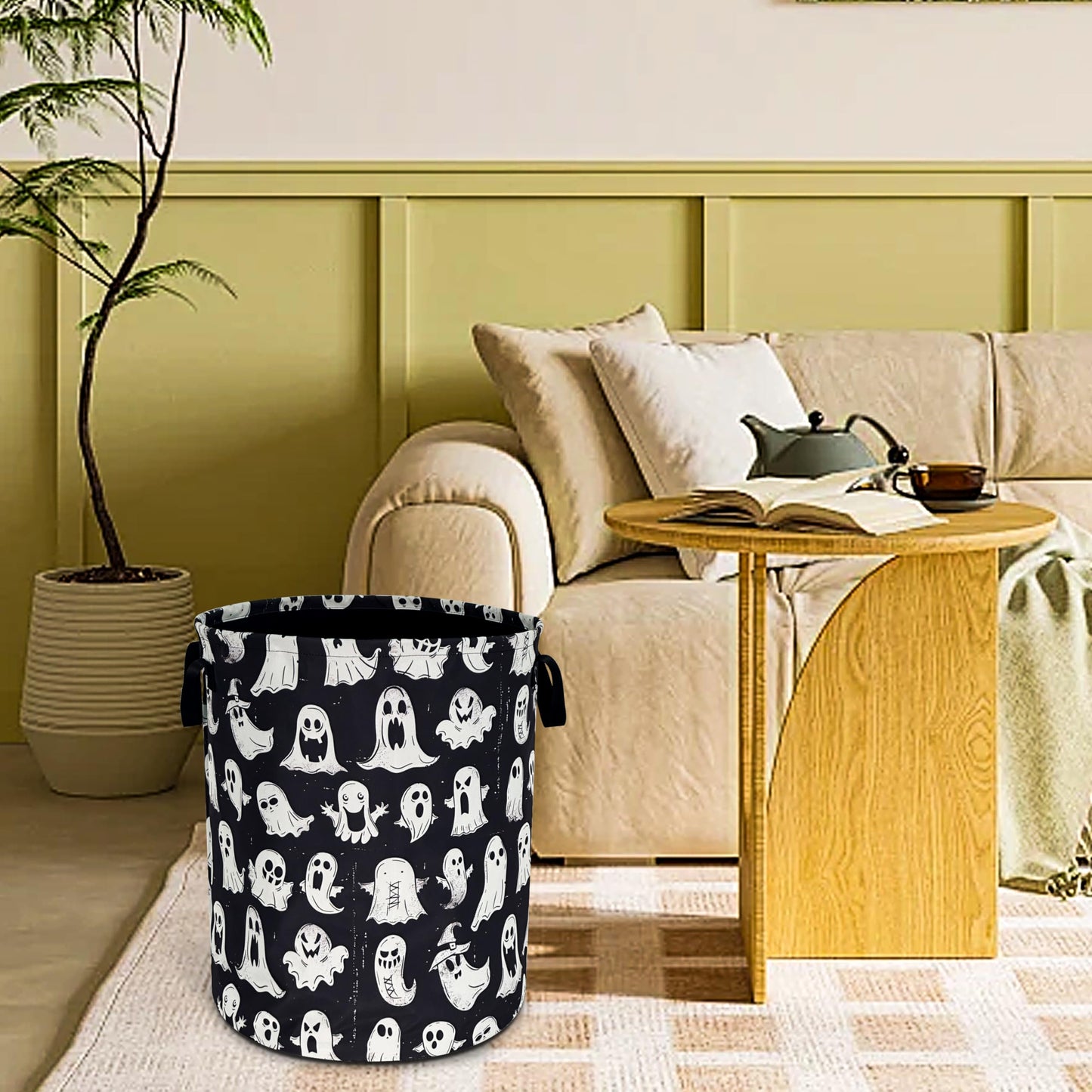 Cute Ghost Laundry Basket Funny Spooky Foldable Waterproof Oxford Cloth Tote Bag Laundry Hamper Round Large Clothes Storage Bucket Organizer For Bathroom/Laundry Storage/Bedroom 18.9x16.5 Inch