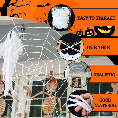 1.5M 2.5M 3.3M Spider Web 3 Pieces Large Halloween White Spider Web Decoration Scary Realistic Spider Web Rope Props with Elastic Rope for Halloween Yard Room Wall Window Door Haunted House Decoration