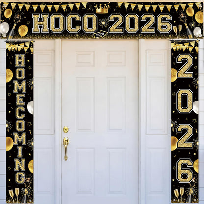 Fanfanwin 3 Pcs Hoco 2026 Banner Decorations for Hoco Party 2026 Black and Gold Homecoming 2026 Banner Yard Decorations for Homecoming Dance Party Background Supply