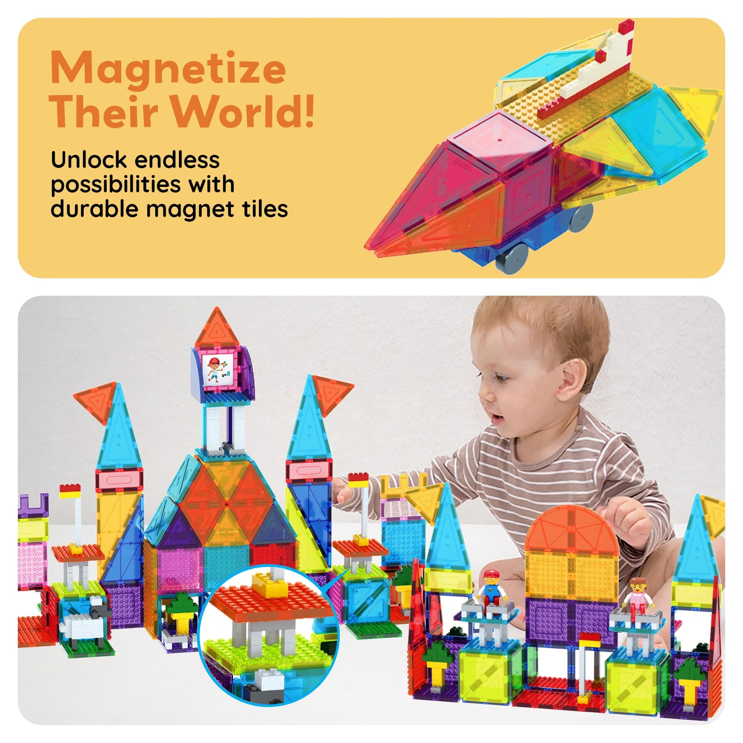 PicassoTiles Magnetic Brick Tiles STEM Creative Magnetic Tiles Building Block Set Building Brick Construction Toy Socket Spikes Toys Accessory Educational Imaginative Learning Kit Stacking Set