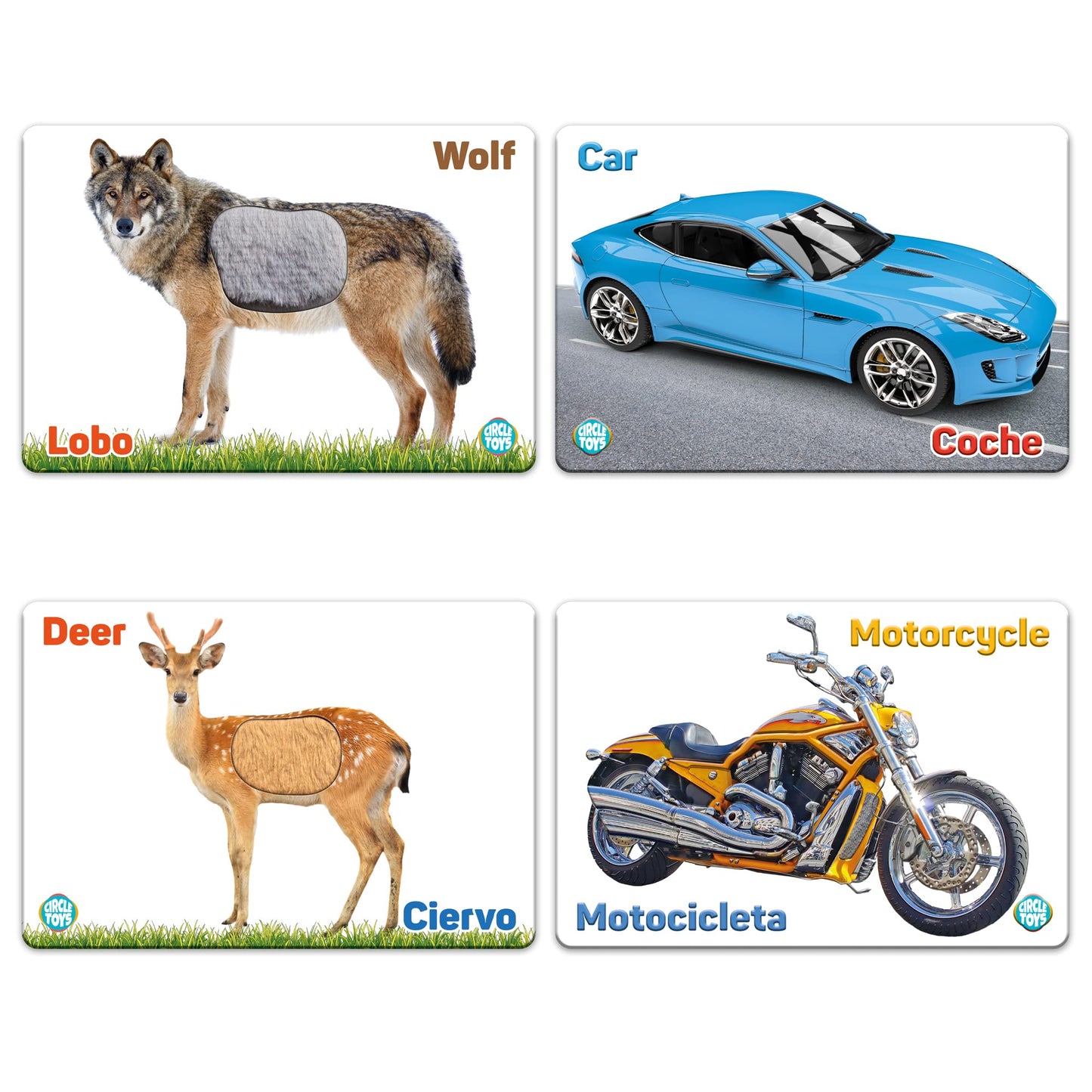 My Touch and Feel English Spanish Bilingual Picture Double Sided Sensory Flash Cards for Infant, Toddlers, Kids, Learn Animals, Fruits, and Vehicles, Fun Learning and Educational Flashcards