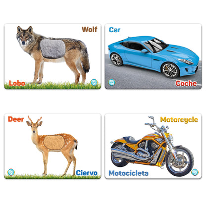 My Touch and Feel English Spanish Bilingual Picture Double Sided Sensory Flash Cards for Infant, Toddlers, Kids, Learn Animals, Fruits, and Vehicles, Fun Learning and Educational Flashcards