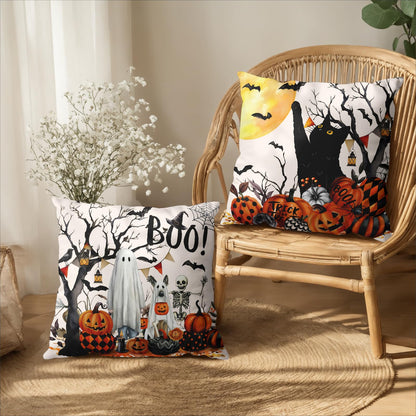 Wnoesat Halloween Outdoor Pillow Covers 18x18 Set of 2 Black Cat Pumpkin Moon Bat Throw Pillow Cases Ghost Spooky Boo Dog Skull Pillowcase Fall Holiday Decor for Home Sofa Couch