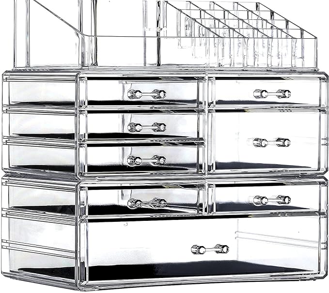 Cq acrylic 3 Pack Clear Make Up Organizer Countertop,Stackable 8 Drawers Makeup Storage,Cute Vanity Organizers for Dresser Hair Clip,Jewelry,Beauty Product Desk and Bathroom Organizers and Storage