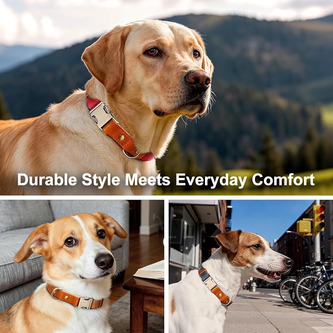 Plutus Pet Genuine Leather & Hemp Dog Collar – Adjustable Heavy Duty Pet Collar with Quick Release Metal Buckle, Soft & Stylish for Puppy and Small, Medium, Large Dogs (Red, M)