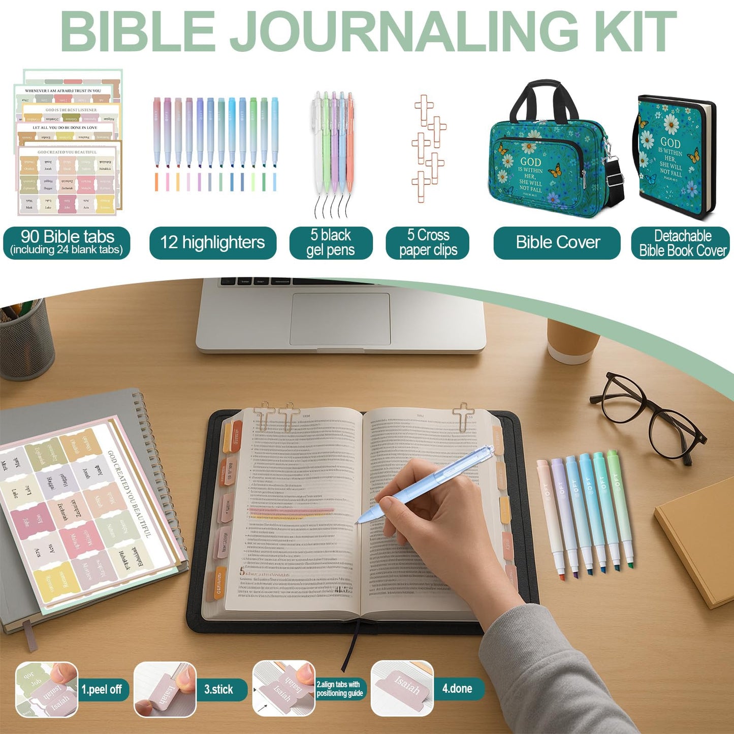 IBOVODI Daisy Bible Cover Case for Women, Vintage Floral Large Bible Bag Carrying Case, Bible Study Supplies Bible Journaling Kit Book Carrying Case with Bible Highlighters Tabs Pens Cross Clips