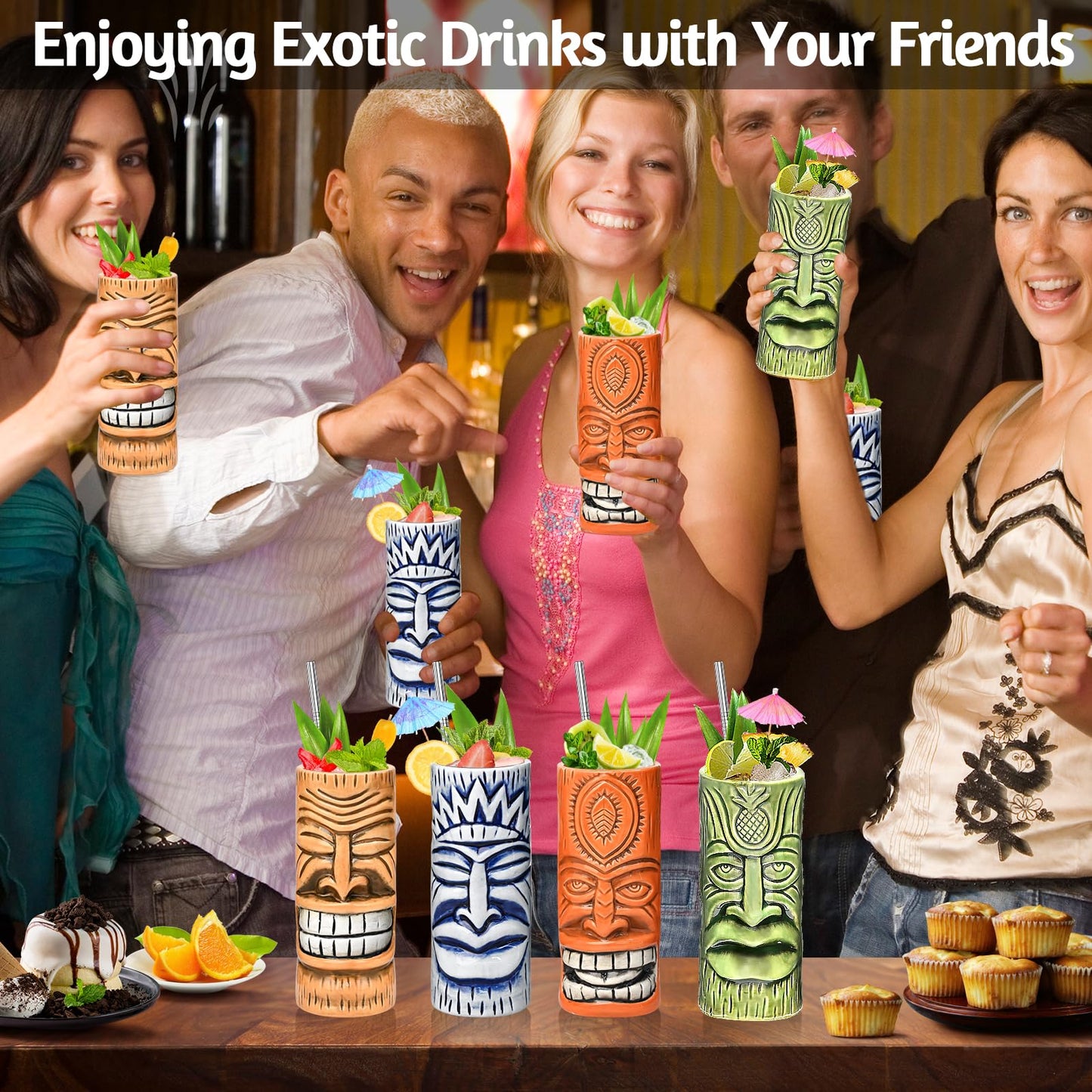 Tiki Mugs Set of 4 - Ceramic Tiki Glass Cocktail Cups, unique Cocktail Glasses, Bar Professional Hawaiian Mug and Halloween Christmas Party Barware