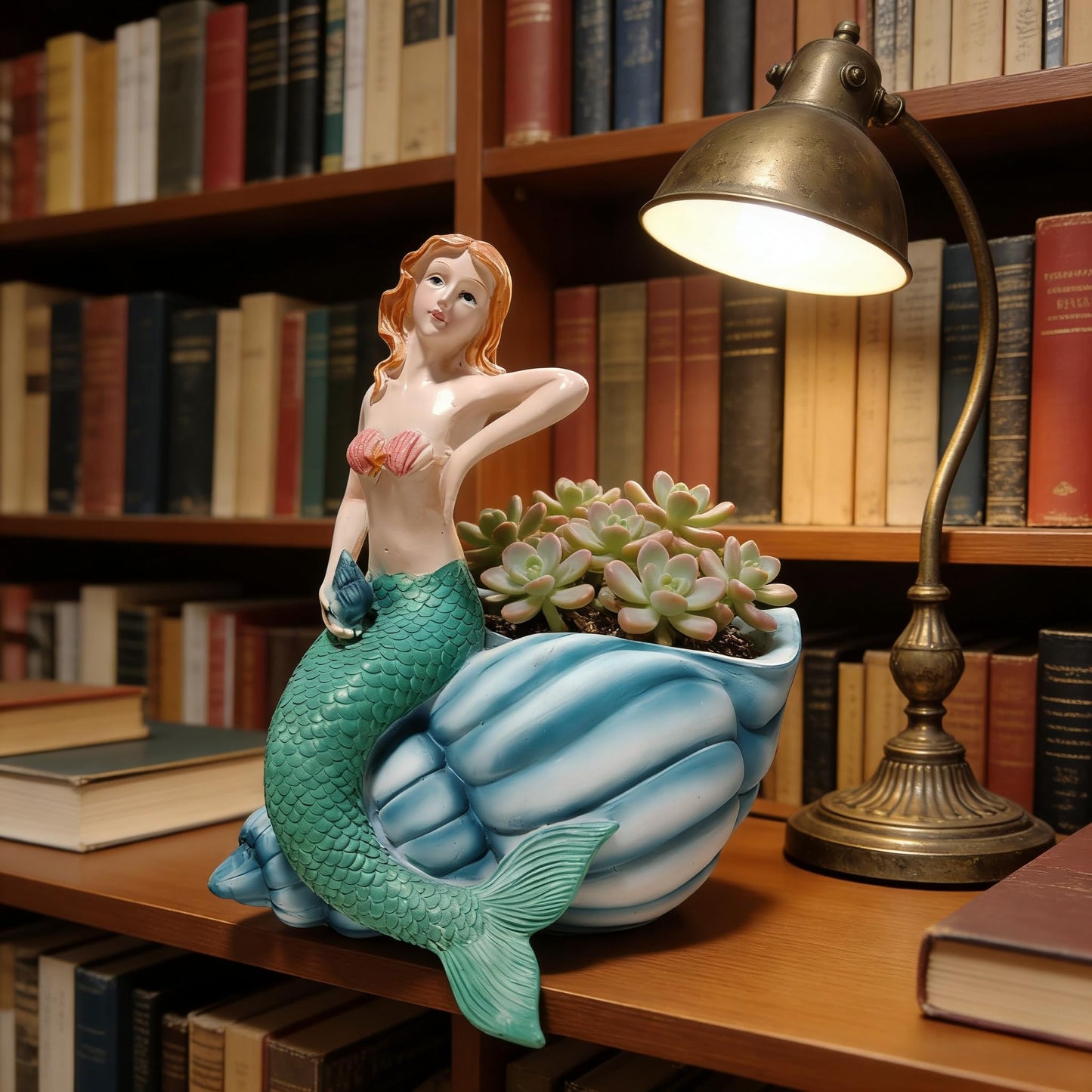 KARSTSYLVA Mermaid Resin Planter Statue, Conch Base Succulent Flower Pot for Home Garden Nautical Decor (Blue)