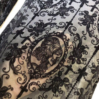 55 Inch Lace Fabric Soft Black Skull Lace Fabric Cross Floral Tulle Fabric for DIY Dress Top Dress Sew,Party Overlay,Curtains,Tablecloth,Halloween Decor (Black (1 Yard))