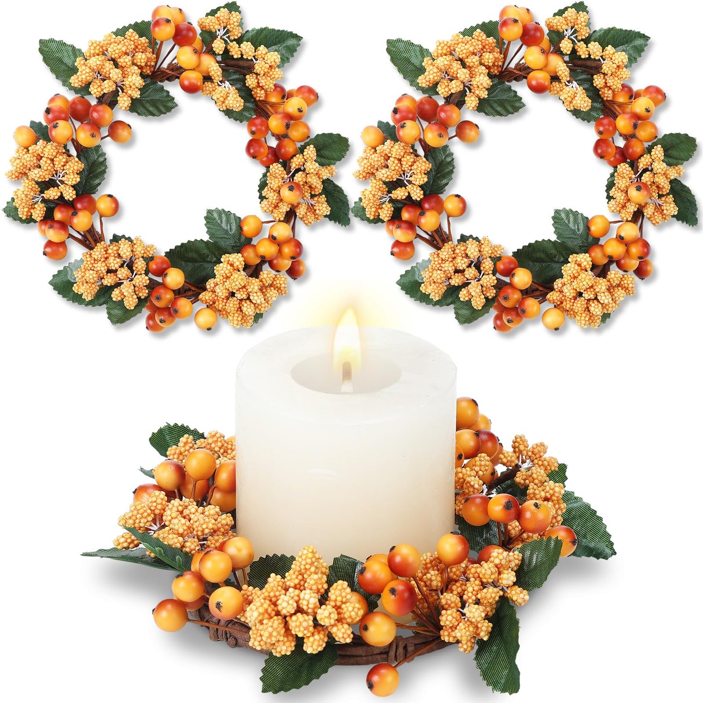 Suncalla 2 Pack Fall Candle Rings Wreath 6 with Artificial Berry Leaf Acorn Wreath for Mini Candle Rings Thanksgiving Fall Wedding Rustic Seasonal Decoration (Berry)