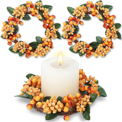 Suncalla 2 Pack Fall Candle Rings Wreath 6 with Artificial Berry Leaf Acorn Wreath for Mini Candle Rings Thanksgiving Fall Wedding Rustic Seasonal Decoration (Berry)
