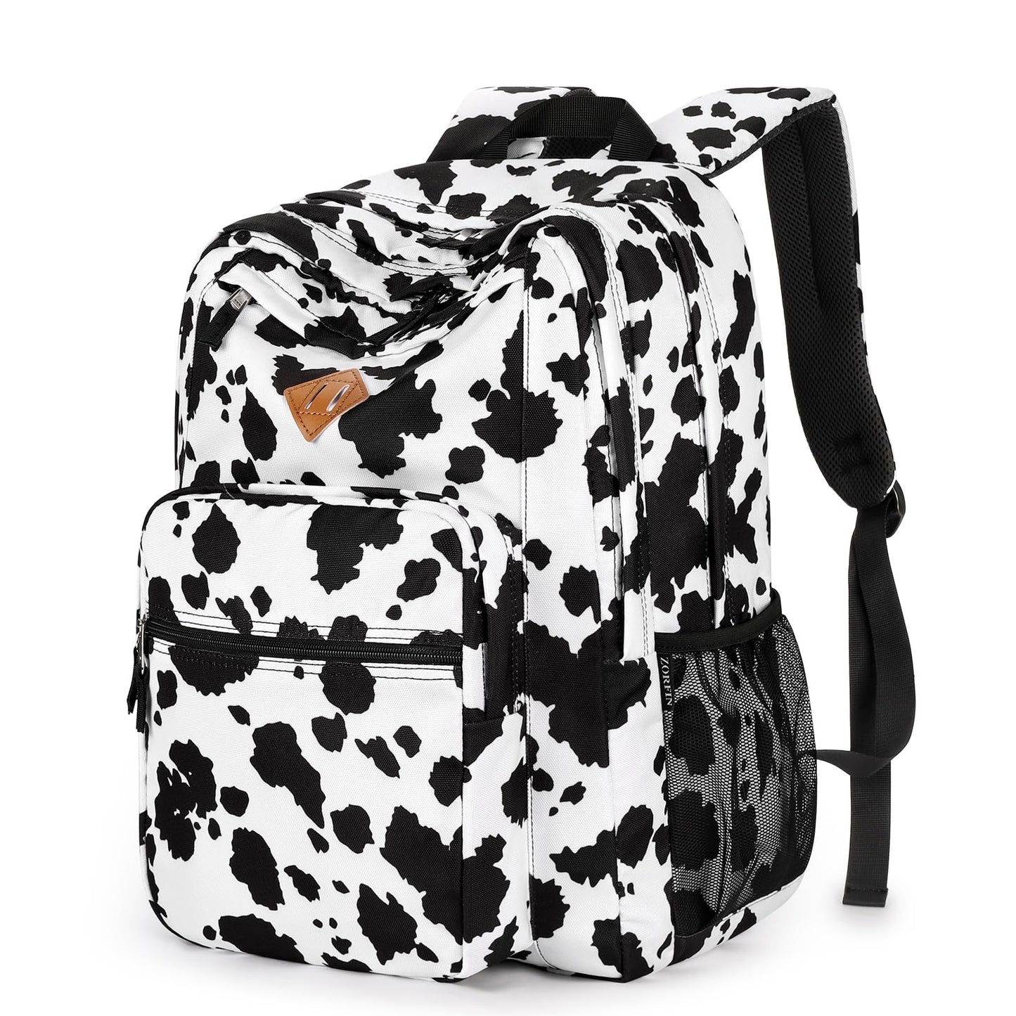 ZORFIN 26L Backpack for College, and Travel: Water Resistant Bookbag - Cow Print Black