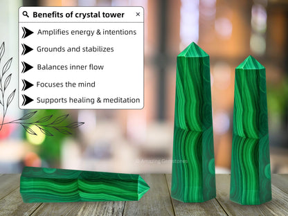 Amazing Gemstone Malachite Crystal Towers ~ Natural Healing Crystal Point Obelisk for Reiki Healing and Crystal Grid (3" to 4" INCH)
