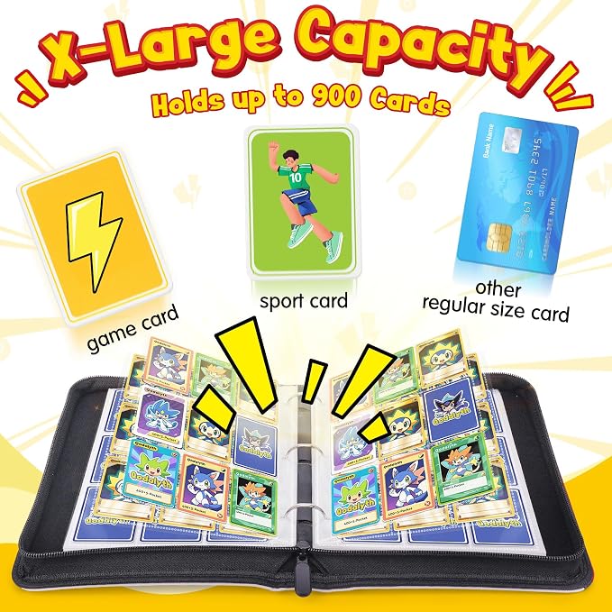 9 Pocket Card Binder with Zipper, Holds 900 Cards, PU Trading Card Album with 5 Hard Plastic Sleeves,Double-Sided Design. Great for Game Cards and sport card