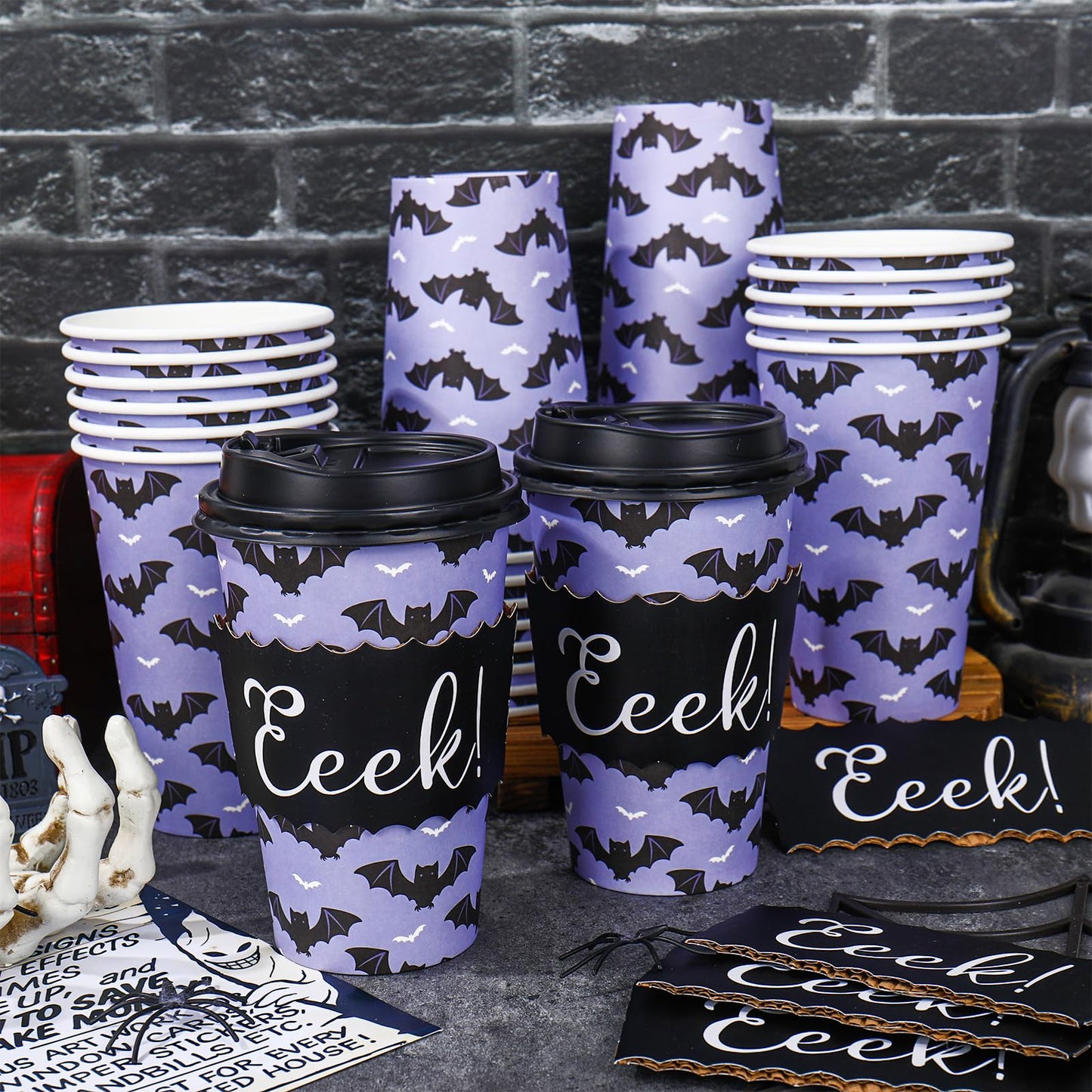 JarThenaAMCS 50 Set Halloween Disposable Coffee Cups with Lids Sleeves Purple Black Bat Drinking Cup Spooky Paper Cup for Halloween Party Supplies