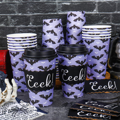 JarThenaAMCS 50 Set Halloween Disposable Coffee Cups with Lids Sleeves Purple Black Bat Drinking Cup Spooky Paper Cup for Halloween Party Supplies