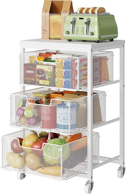 Kitchen Cart with Storage, 3-Tier Pantry Organizer and Storage Cart with Drawer, Fruit Vegetable Storage Cart with Wheels, Wooden Top Metal Wire Kitchen Organizer Rack Stand for Snack Onion Potato