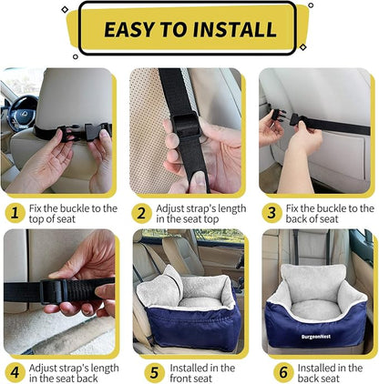 BurgeonNest Dog Car Seat for Small Dogs, Fully Detachable and Washable Cat Carseats Under 25 lbs, Soft Pet Booster Seats with Storage Pockets and Clip-On Leash Portable Car Travel Carrier Bed, Blue
