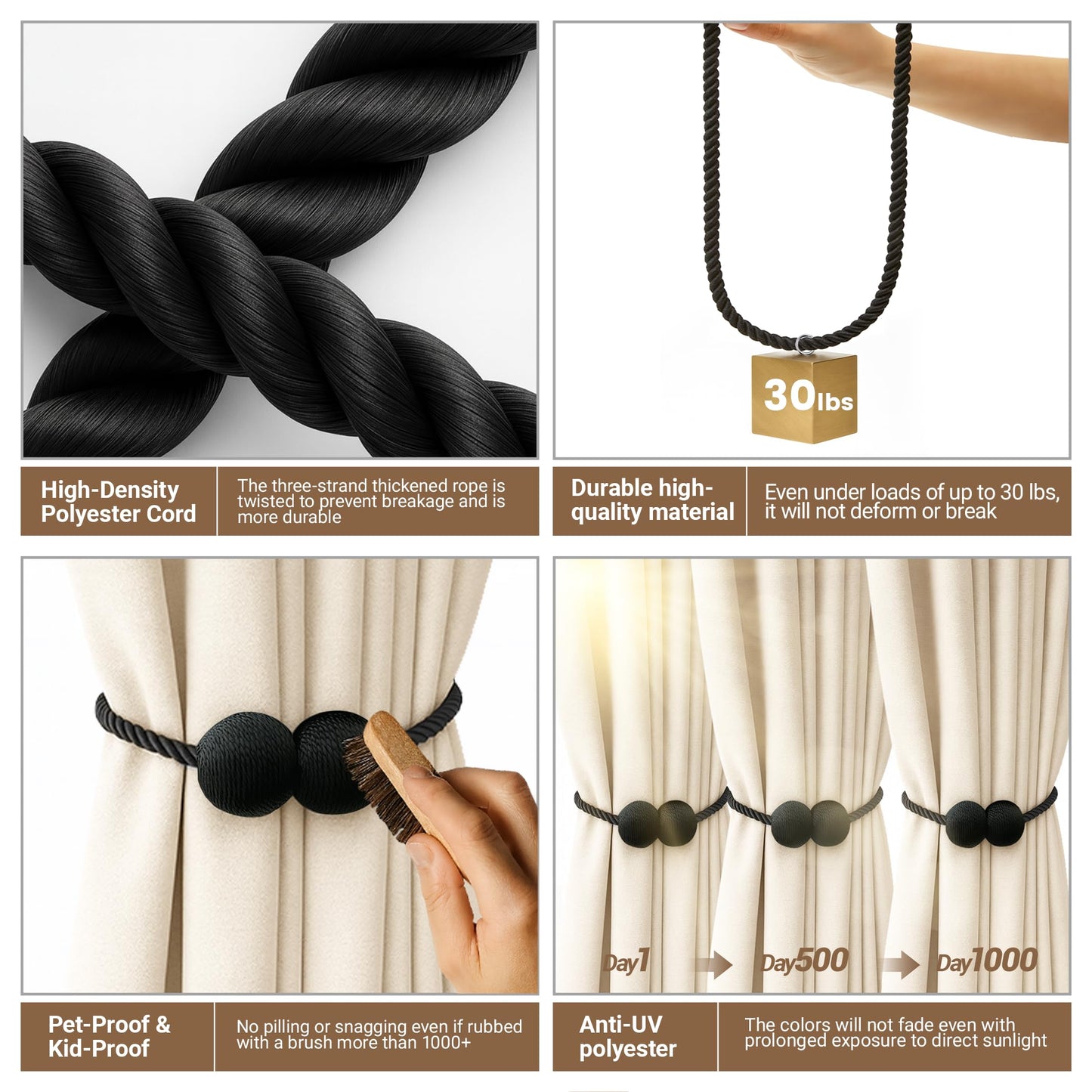 Hion Magnetic Curtain Tiebacks Black 6 Pack, Curtain Tiebacks Buckles Holdbacks Holders Hooks Clip for Home Bedroom Office Decorative Thick or Thin Curtain