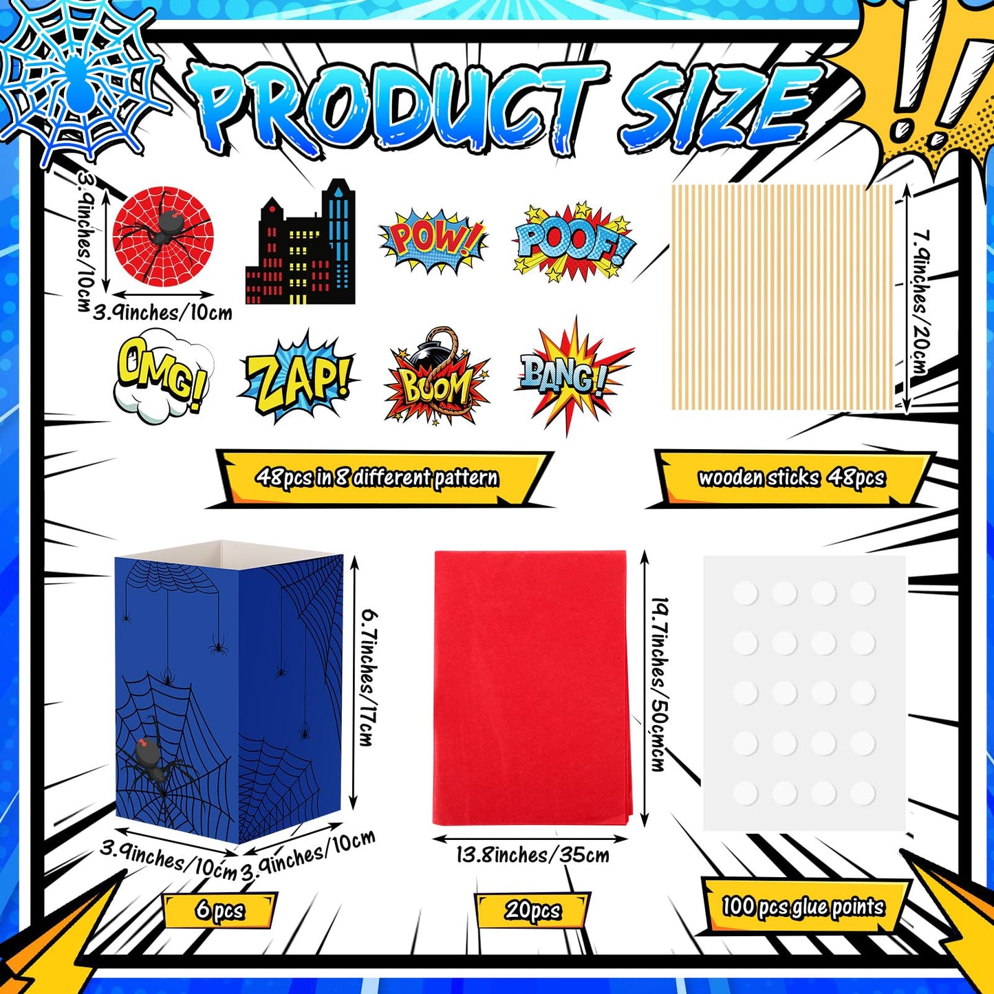 MotiMind 6 Sets 74 Pcs Spider Party Centerpieces Spider themed Party Decorations Table Toppers with Box Circus Sound Effect Cutouts and Sticks Tissue Paper for Baby Shower Birthday Decor