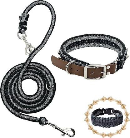 Paracord Dog Collar, Adjustable Soft Nylon Pet Collars for Medium Large Dogs(19"-23"), Stylish Pet Gear for Boys, XL(Set of 1, Black Skull Collar+Leash)