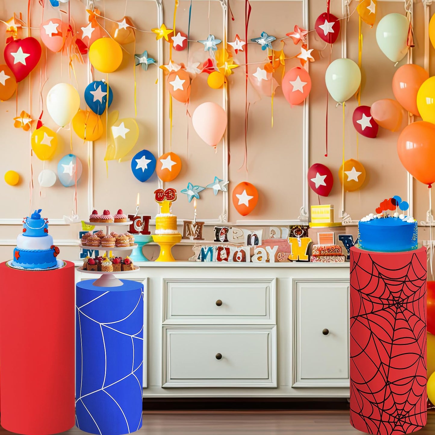 Mindsoft Set of 3 Spider Themed Spandex Cylinder Stand Covers for Carnival Party, Red Blue Cylinder Pedestal Cover, Dessert Table Display for Birthday Baby Shower Backdrop Decor(Spider)