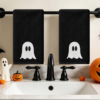 Hexagram Halloween Hand Towels Set of 2, Embroidered Ghost Black Bathroom Towels, Halloween Decor, Dish Towel for Drying Cleaning 14x 30 Inch