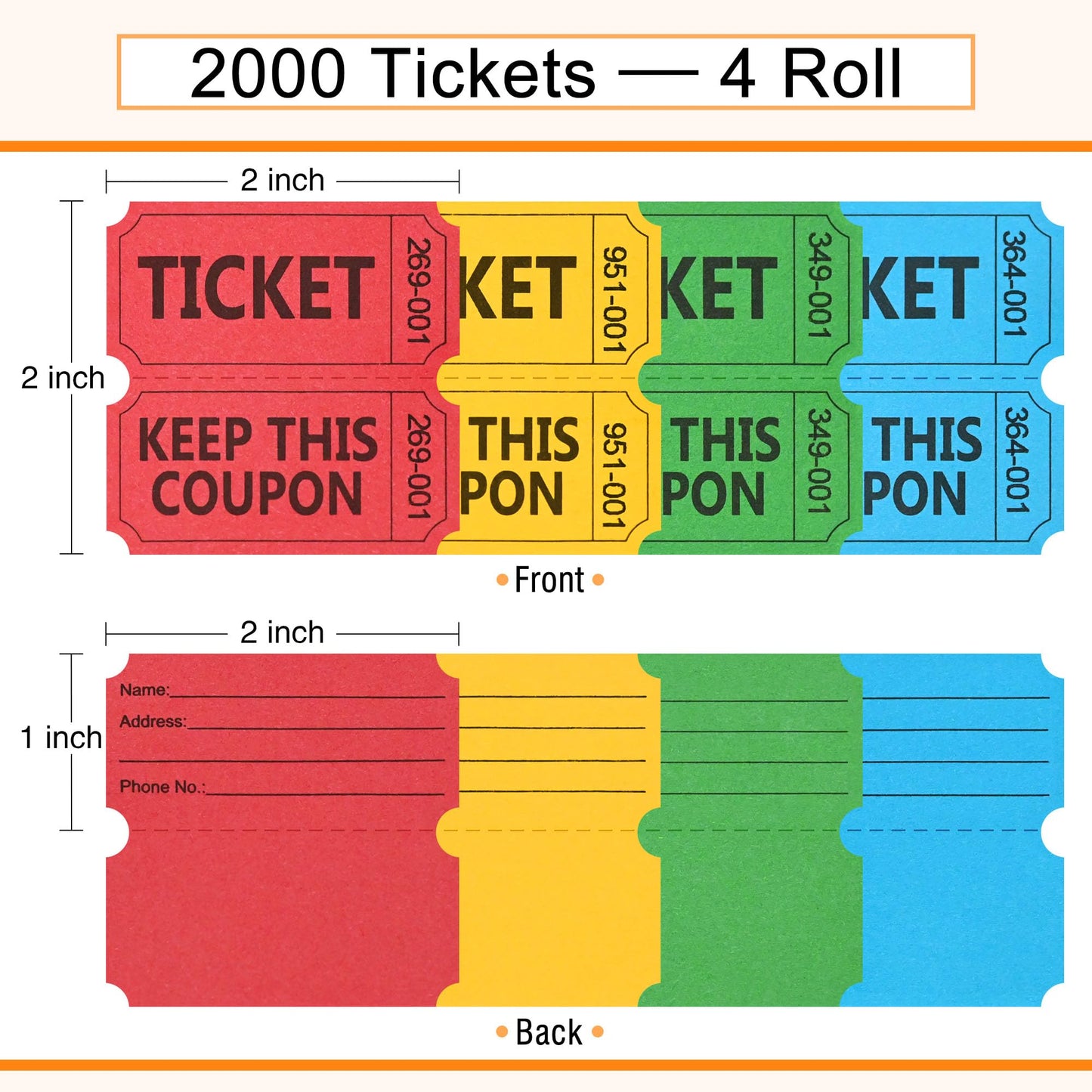 ESSENTIAL 2000 Raffle Tickets Double Roll, Raffle Tickets Roll with Name and Phone Number, for Raffle, Events, Classroom, Entry, Class Reward & Door Prize - Blue/Yellow/Red/Green