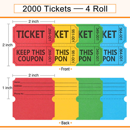 ESSENTIAL 2000 Raffle Tickets Double Roll, Raffle Tickets Roll with Name and Phone Number, for Raffle, Events, Classroom, Entry, Class Reward & Door Prize - Blue/Yellow/Red/Green