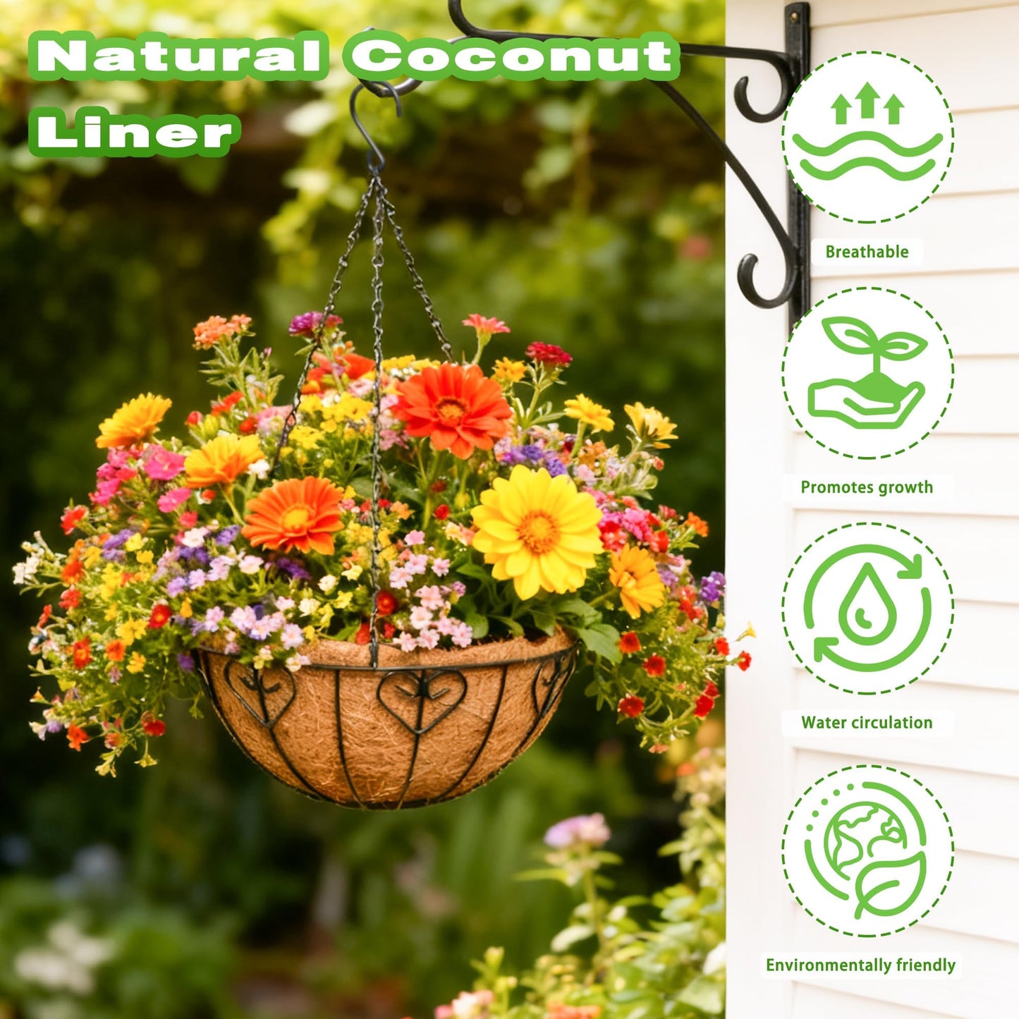 Qusuxi 2 Pack 12 Inch Metal Outdoor Hanging Baskets Black Heavy Duty Hanging Planters with Coco Liners for Indoor Outdoor Plants Gardens Patios Terraces（Heart-Shaped）