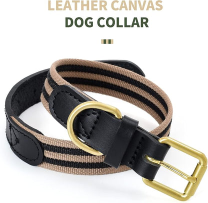 Mile High Life Genuine Leather Dog Collar, Heavy Duty Canvas Collar with Adjustable Metal Pin Buckle for Small Medium Large Dogs (Black, L Neck 17"-21")