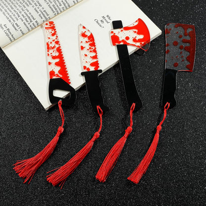 Horror Novelty Bookmark Set - 6 Creepy Tool Shapes with Blood Stain Design, Gothic Book Accessories for Halloween Gifts, Macabre Metal Page Holders with Red Tassels (6Pcs Tools of Terror)