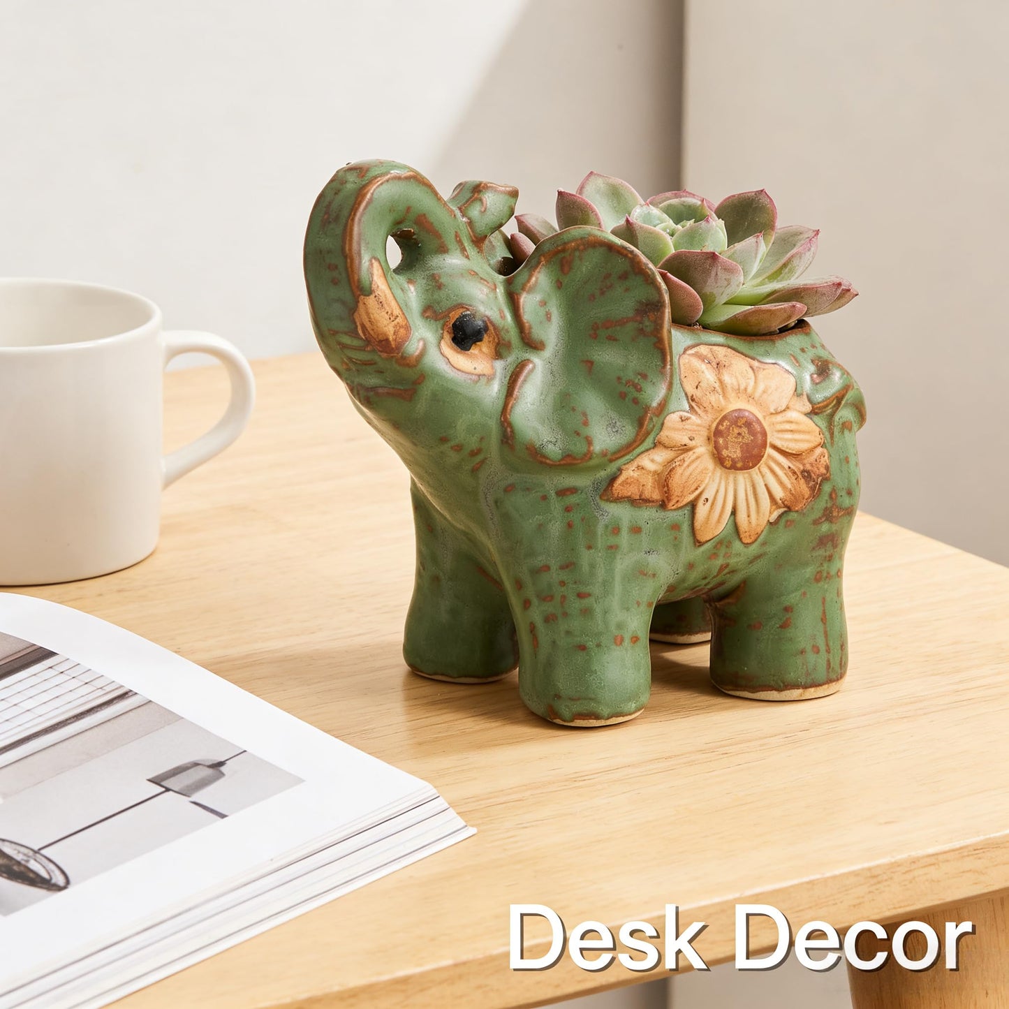 TUESMEILL Ceramic Elephant Pot with Drainage, Animal Plant Pots Cute Succulent Plant Pot for Home Decor and Office Desk Decoration