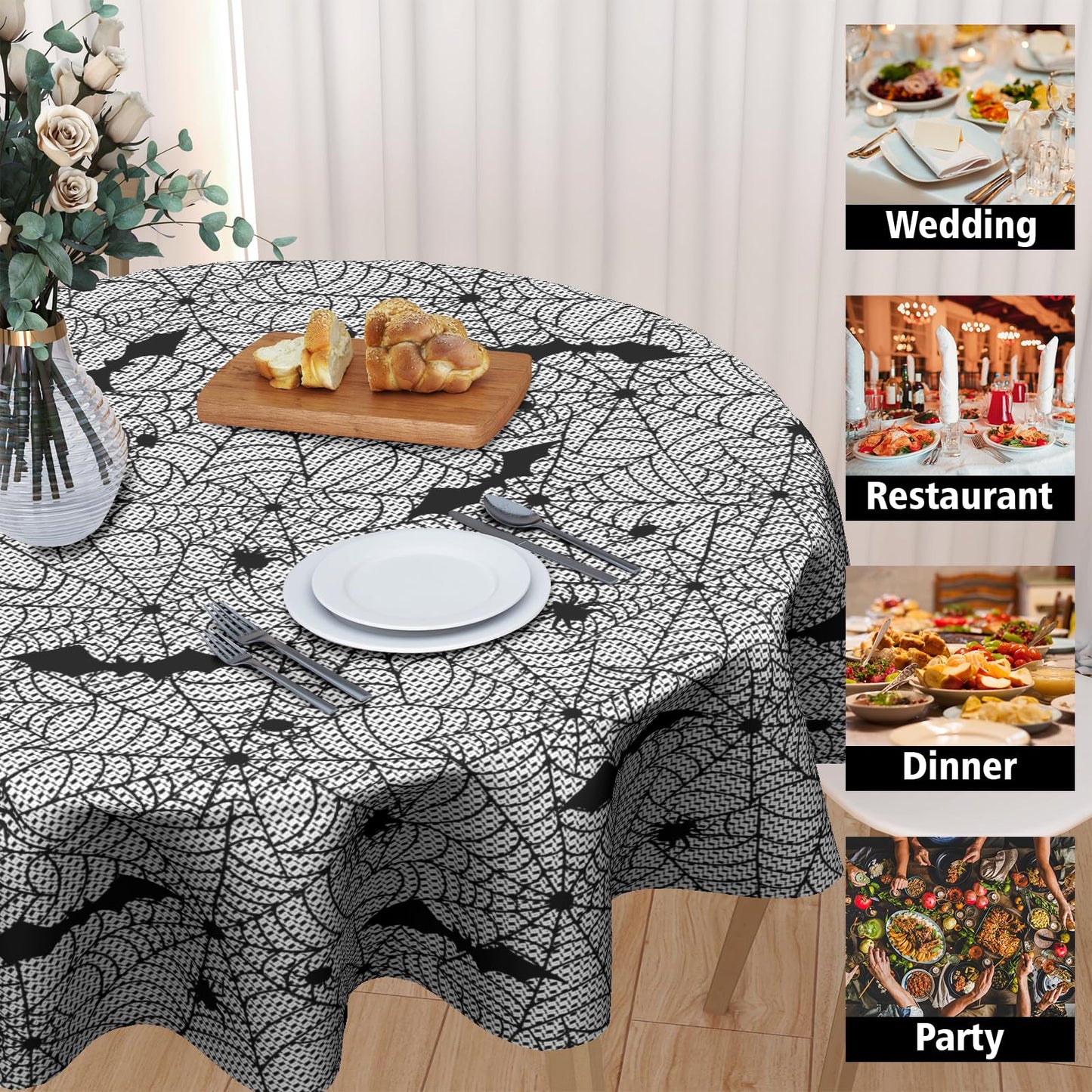 Sweetshow Halloween Bat Table Cloth Round Black and White Spider Web Tablecloth 70 Inch Decor Washable Stain and Wrinkle Resistant Round Table Cover for Dining Party Picnic